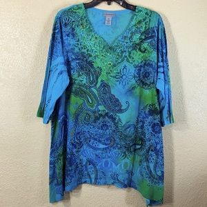 Catherines Top Blouse Blue Green 0X 14 Paisley Floral Stretchy Pullover
